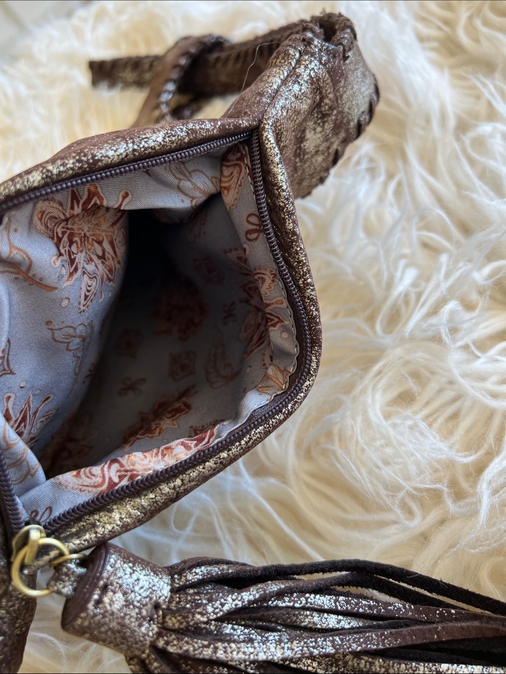 Metallic Bronze-Tone Women's Tassel Handle Bag - Picture 2 of 6